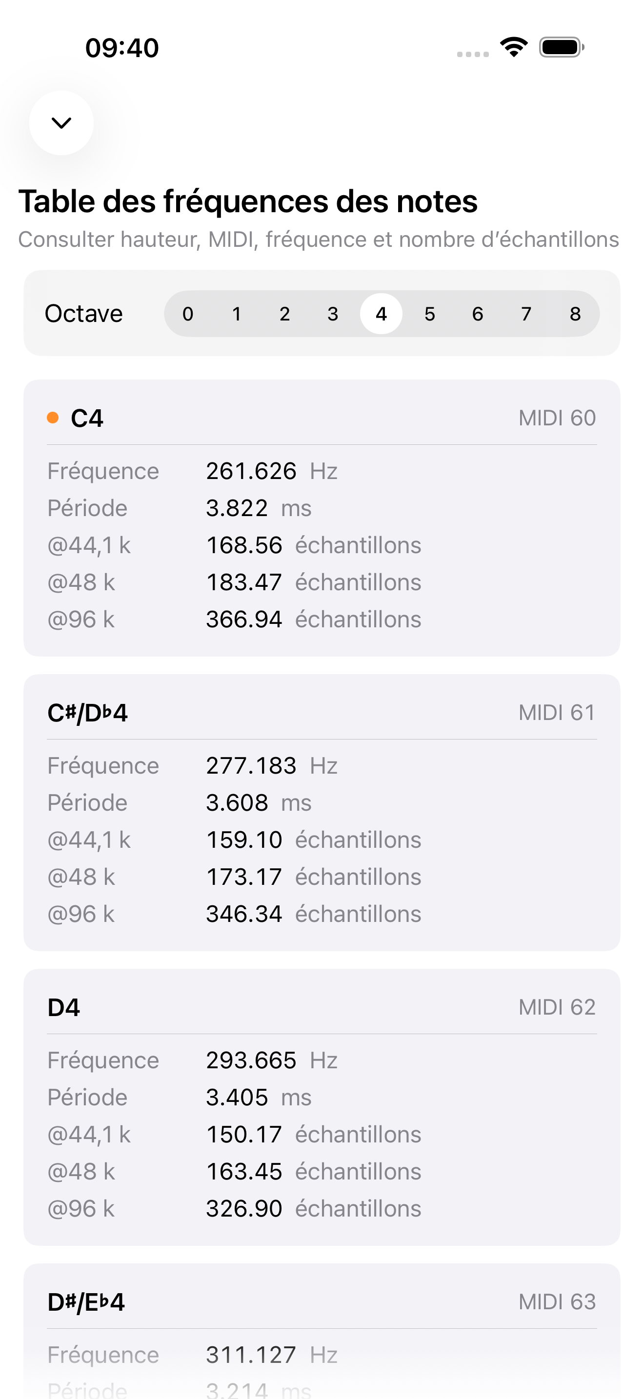 Convertisseur note vers fréquence sur iPhone